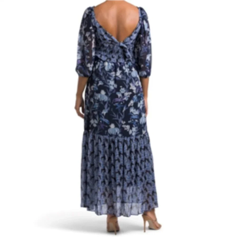 Taylor Floral Tiered Maxi Dress Smocked Tie Back Flowy Blue & White NWT 6P